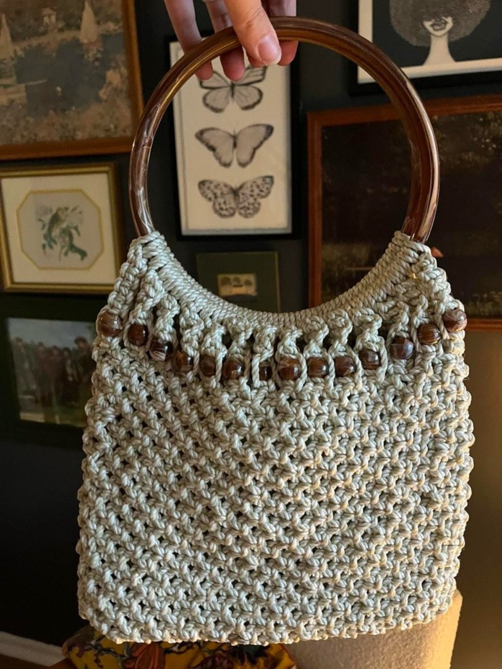 Handwoven Cream Crochet Tote with Wooden Handles & Beads